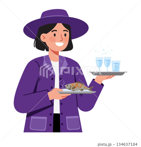 Woman in purple jacket and hat serving fish and drinks with tray smiling vector illustration Woman in purple jacket and hat serving fish and drinks with tray smiling vector illustration 134637184