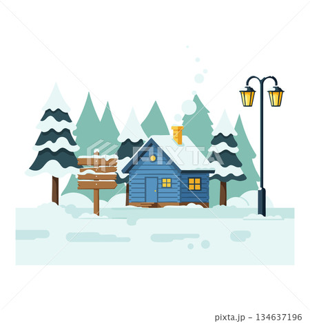 Winter cabin surrounded by snow-covered pine trees and wooden signpost with street lamp in snowy landscape vector illustration 134637196