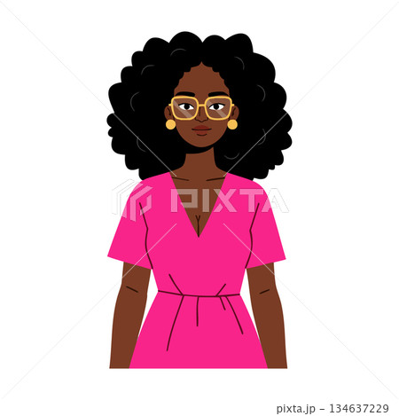 Woman with afro hairstyle wearing pink dress and glasses vector illustration with confident expression and modern style Woman with afro hairstyle wearing pink dress and glasses vector illustration with confident expression and modern style 134637229