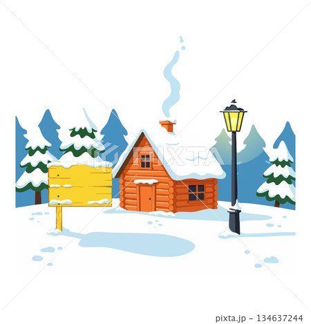 Snowy winter cabin with wooden signboard and street lamp surrounded by pine trees vector design Snowy winter cabin with wooden signboard and street lamp surrounded by pine trees vector design 134637244