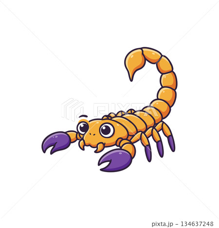 Scorpion cartoon character with orange body and purple claws vector illustration for children and design projects 134637248