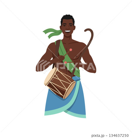 African man playing traditional drum with green sash and blue skirt cultural music vector illustration 134637250