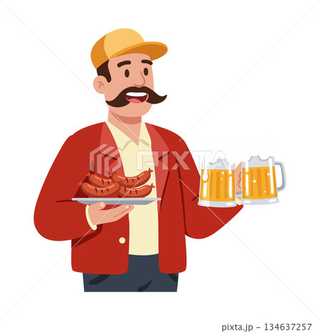 Man holding grilled sausages and beer mugs casual outfit smiling happy lifestyle vector illustration Man holding grilled sausages and beer mugs casual outfit smiling happy lifestyle vector illustration 134637257