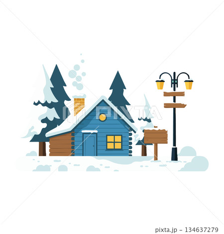 Winter cabin scene with blue wooden house snow covered pine trees and street lamp vector illustration Winter cabin scene with blue wooden house snow covered pine trees and street lamp vector illustration 134637279