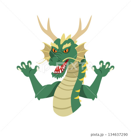 Green dragon with horns and claws breathing fire fantasy creature vector design illustration 134637290