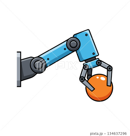 Robotic arm holding orange sphere machine automation technology engineering equipment design vector illustration Robotic arm holding orange sphere machine automation technology engineering equipment design vector illustration 134637296