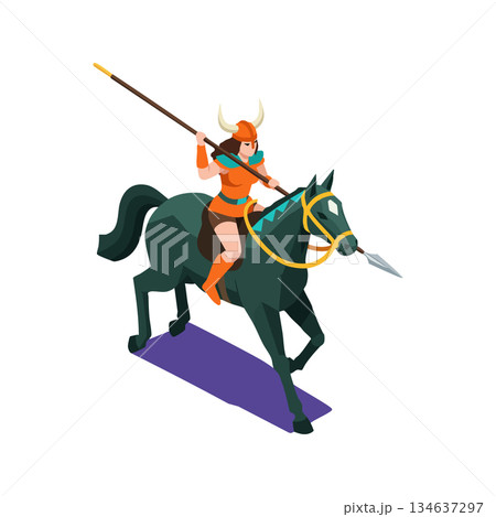 Viking warrior woman riding dark horse with spear in battle-ready pose vector illustration Viking warrior woman riding dark horse with spear in battle-ready pose vector illustration 134637297