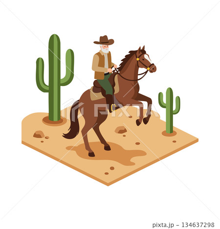 Cowboy riding a brown horse in desert landscape with green cacti and sand vector illustration 134637298
