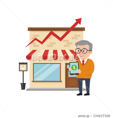 Small business owner holding tablet with financial growth graph rising above shop building vector illustration 134637300