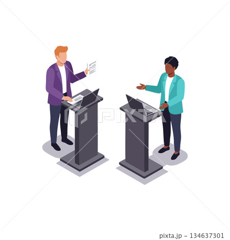 Two people debating at podiums with laptops presenting arguments in professional conference setting vector illustration 134637301