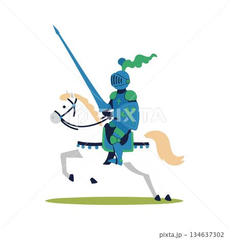 Armored knight in green and blue riding white horse with lance vector illustration 134637302