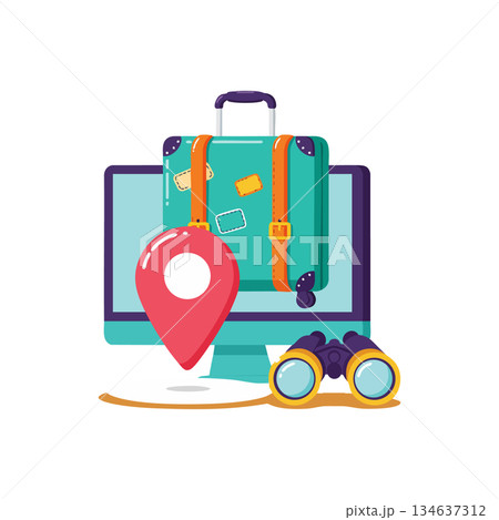 Travel suitcase with location pin and binoculars on computer screen for journey planning and tourism vector illustration Travel suitcase with location pin and binoculars on computer screen for journey planning and tourism vector illustration 134637312