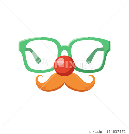 Funny face with green glasses orange mustache and red clown nose vector illustration for humor and entertainment design 134637371