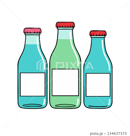 Three glass bottles with red caps and blank white labels in blue and green colors vector illustration Three glass bottles with red caps and blank white labels in blue and green colors vector illustration 134637373