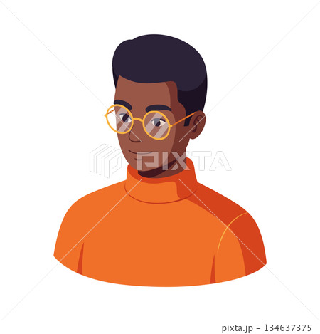 Young man wearing glasses and orange turtleneck sweater with short black hair vector portrait illustration 134637375