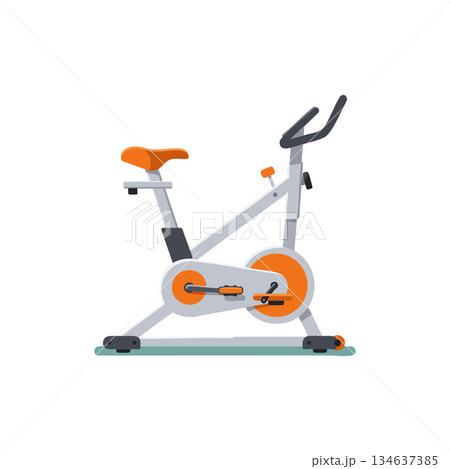 Exercise bike with orange seat and pedals for indoor fitness training and cardio workout equipment vector illustration 134637385