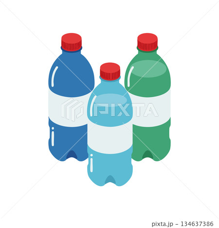 Plastic Bottles Group with Blue Green Colors and Red Caps Vector Illustration for Packaging Design and Recycling Concepts 134637386