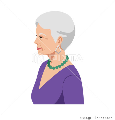 Elderly woman profile with gray hair wearing green necklace and purple dress vector illustration Elderly woman profile with gray hair wearing green necklace and purple dress vector illustration 134637387