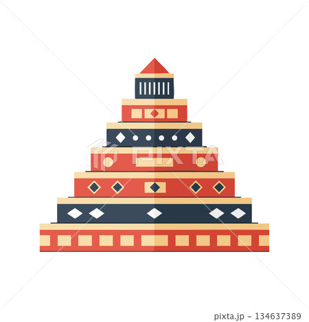 Pyramid shaped geometric building with layered red and dark blue design elements and diamond shapes vector illustration 134637389