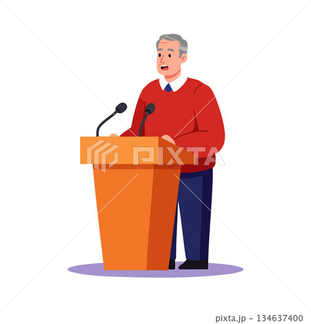 Older man speaking at podium delivering speech in red sweater and blue pants vector illustration Older man speaking at podium delivering speech in red sweater and blue pants vector illustration 134637400