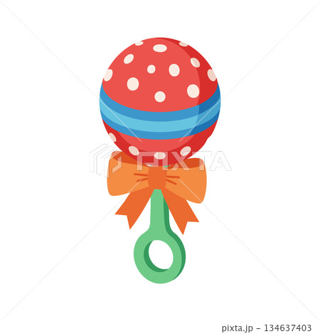 Baby rattle with red polka dots blue stripe orange bow green handle vector illustration for infant toy design 134637403
