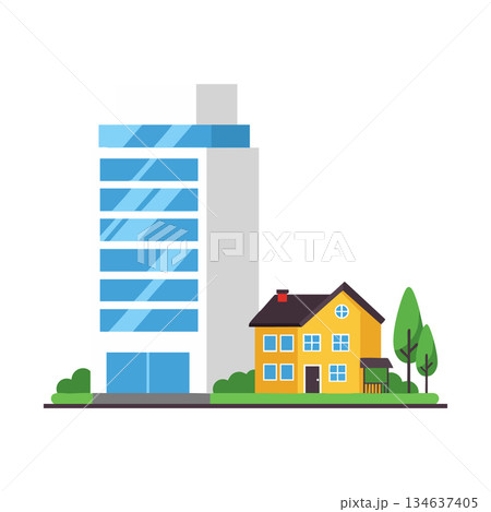 Modern office building and yellow residential house with green trees vector illustration urban architecture design 134637405