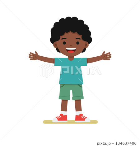 Happy smiling boy with open arms wearing casual turquoise shirt and green shorts standing cheerful vector illustration 134637406