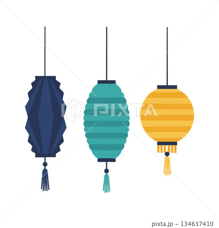 Hanging decorative lanterns in blue teal and yellow colors vector design for festive or cultural celebrations 134637410