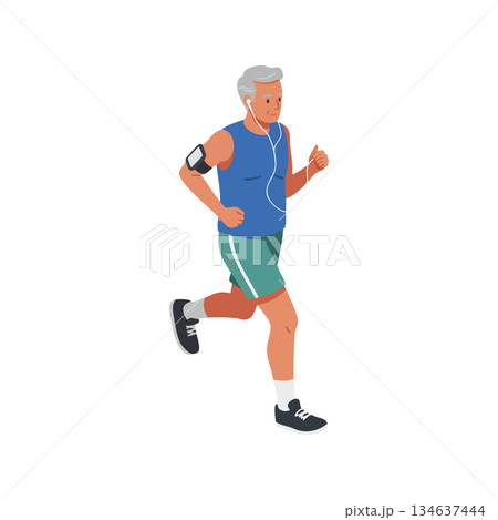 Active elderly man jogging with earphones and armband fitness tracker in sportswear for healthy lifestyle and exercise motivation Active elderly man jogging with earphones and armband fitness tracker in sportswear for healthy lifestyle and exercise motivation 134637444
