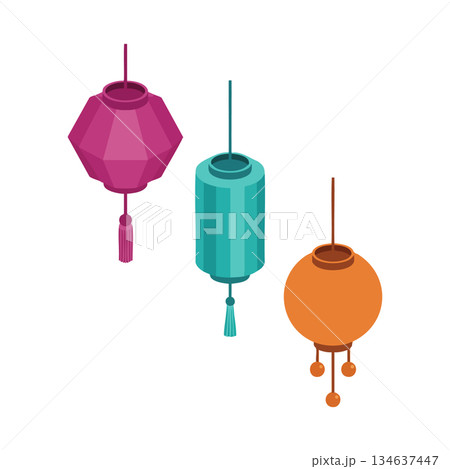 Colorful hanging lanterns set with pink teal and orange traditional designs vector illustration Colorful hanging lanterns set with pink teal and orange traditional designs vector illustration 134637447