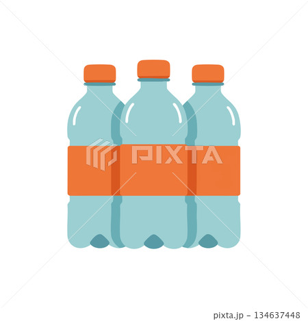 Plastic water bottles pack with orange caps and labels isolated on white background vector illustration Plastic water bottles pack with orange caps and labels isolated on white background vector illustration 134637448