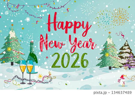 Champagne glasses and champagne bottle on a  snow covered landscape with pine trees decorated with twinkling lights and text Happy New Year 2026 on the snow fall blue background. 134637489