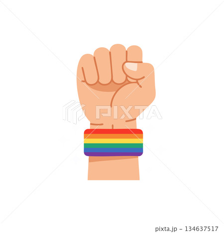 Raised fist with rainbow wristband symbolizing pride and solidarity vector illustration 134637517