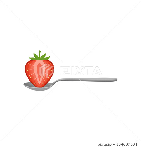 Strawberry half on silver spoon vector illustration with green leaves and red fruit 134637531