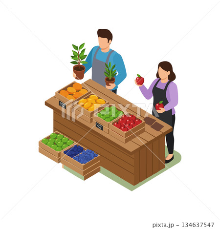 Fruit and Plant Market Stall with Two Sellers Displaying Fresh Produce and Greenery in Isometric Style Illustration 134637547
