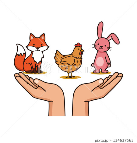 Fox chicken and rabbit sitting on open hands cute cartoon animal illustration vector 134637563