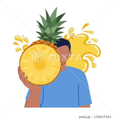 Man holding fresh pineapple fruit with juice splash and tropical summer vibes illustration vector 134637564