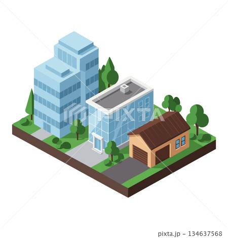 Modern city buildings with office and residential house surrounded by trees in isometric view urban architecture design 134637568