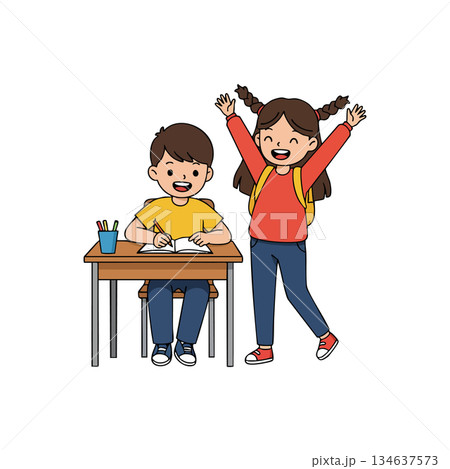 Children learning and joyful girl celebrating with hands up in classroom vector illustration Children learning and joyful girl celebrating with hands up in classroom vector illustration 134637573