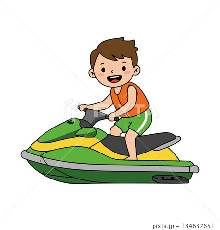 Boy riding green and yellow jet ski water scooter summer fun outdoor activity vector illustration 134637651