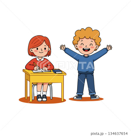 Children learning together in classroom with girl writing and boy celebrating education joy happiness 134637654