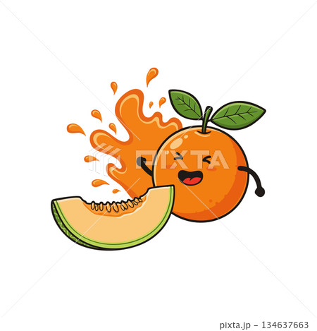 Happy orange fruit character splashing juice next to melon slice cartoon vector illustration Happy orange fruit character splashing juice next to melon slice cartoon vector illustration 134637663