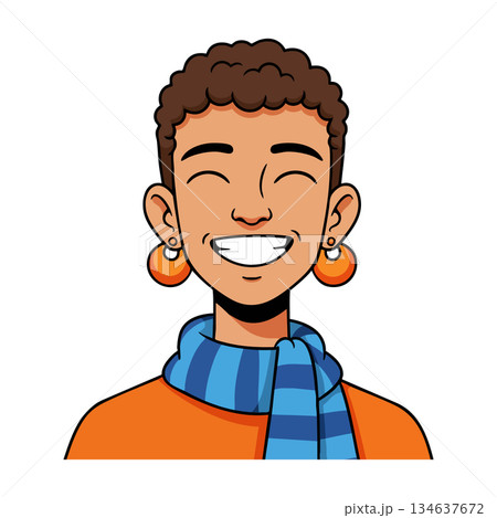 Smiling young man wearing orange sweater and blue scarf happy casual style vector illustration 134637672