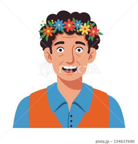 Man with floral crown smiling wearing blue shirt and orange vest cheerful joyful happy vector illustration Man with floral crown smiling wearing blue shirt and orange vest cheerful joyful happy vector illustration 134637690