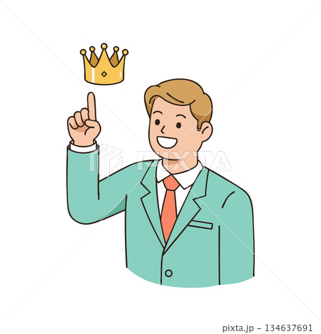 Businessman in suit with crown floating above finger symbolizing leadership and success concept vector illustration 134637691