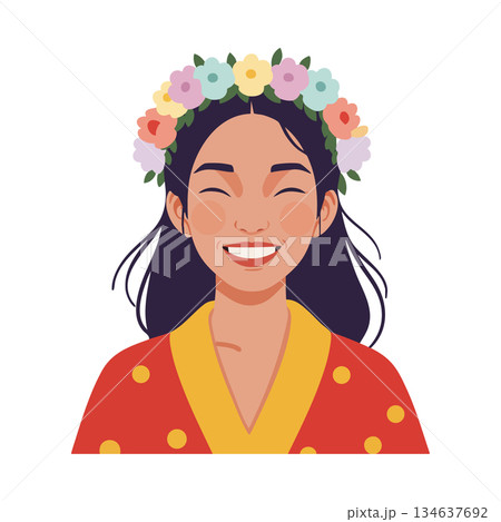 Smiling woman with flower crown and red dress happy cheerful young female portrait vector illustration Smiling woman with flower crown and red dress happy cheerful young female portrait vector illustration 134637692