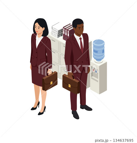 Businessman and businesswoman standing with briefcases in office near filing cabinet and water cooler vector illustration Businessman and businesswoman standing with briefcases in office near filing cabinet and water cooler vector illustration 134637695