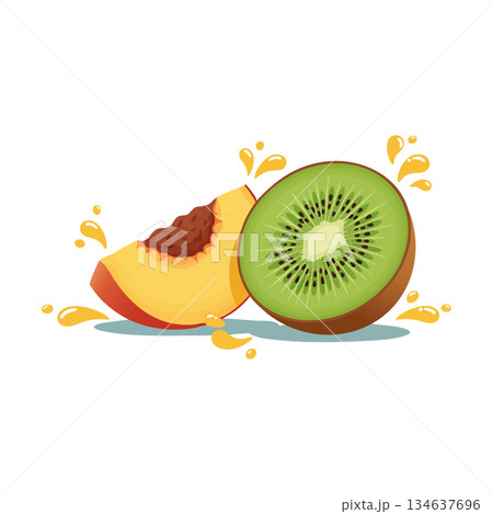 Kiwi and peach fruit slices with juice splash fresh healthy tropical vitamins vector illustration 134637696