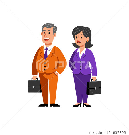 Businessman and businesswoman standing with briefcases in orange and purple suits professional office vector illustration Businessman and businesswoman standing with briefcases in orange and purple suits professional office vector illustration 134637706