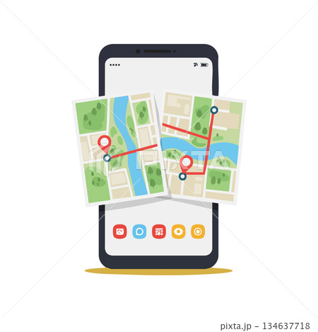 Smartphone with Navigation Maps Showing Route and Location Pins for Travel and Direction Finding Smartphone with Navigation Maps Showing Route and Location Pins for Travel and Direction Finding 134637718